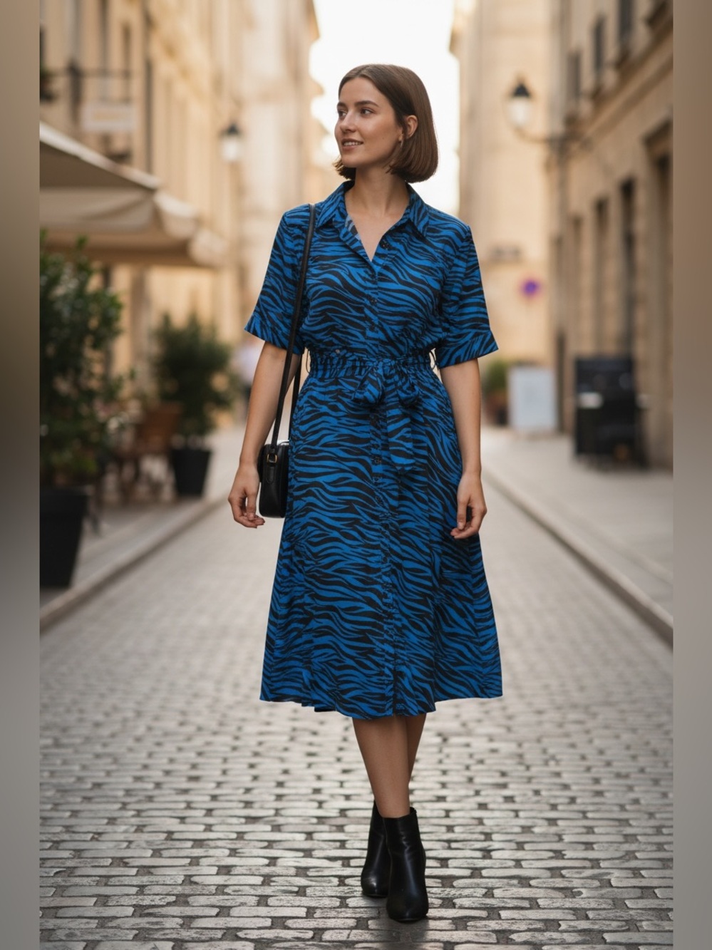 White House Black Market Tie Front Midi Shirt Dress 10 Blue Black Zebra New